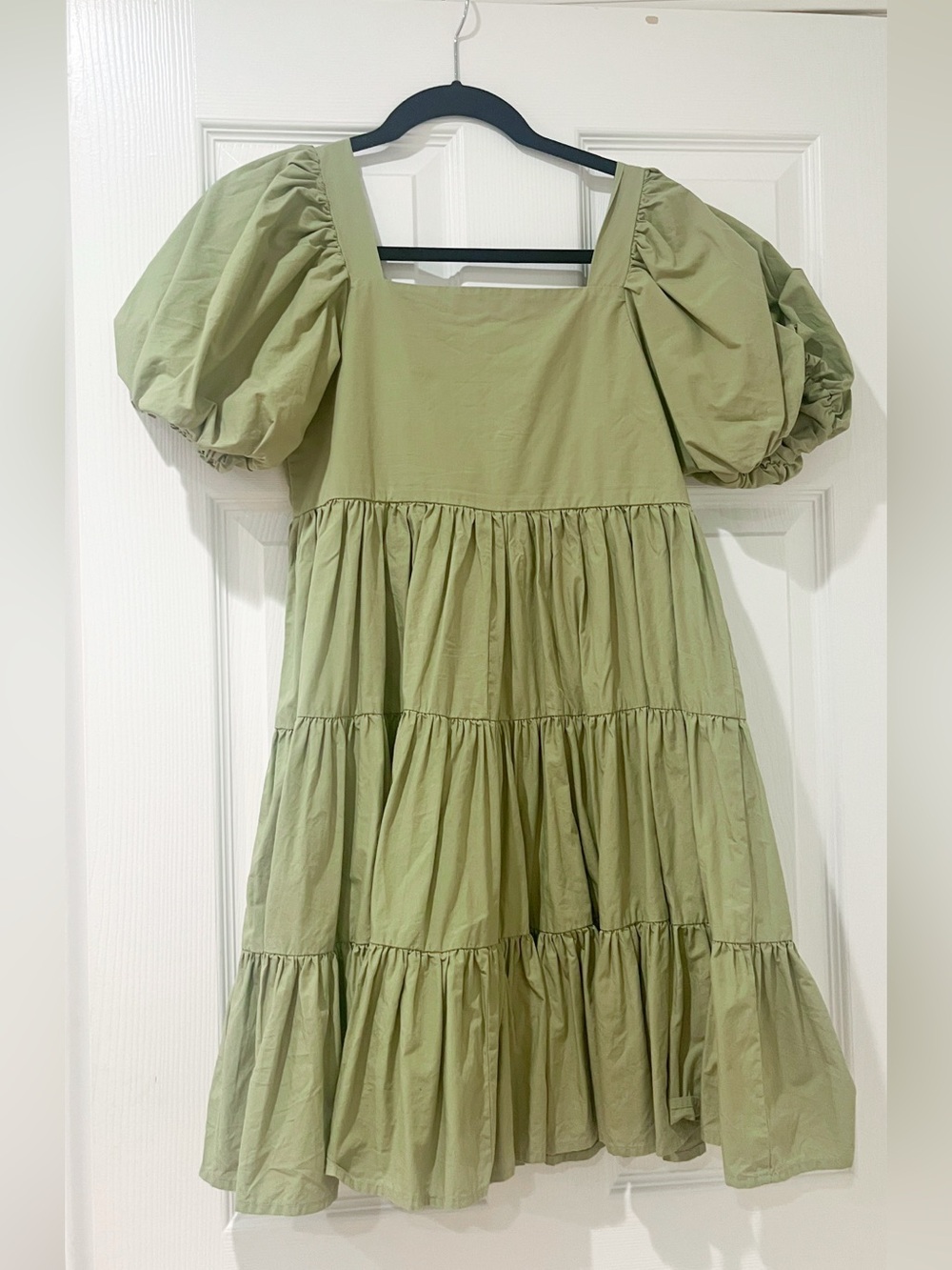 OAK + FORT Artichoke Green Tiered Puff Sleeve Mini Dress Size XXS